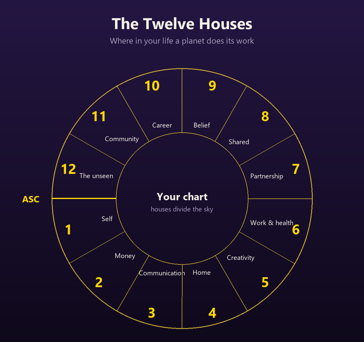 Chart wheel diagram of the twelve astrological houses, numbered anticlockwise from the Ascendant at the left, each labelled with its life area: self, money, communication, home, creativity, work and health, partnership, shared resources, belief, career, community, and the unseen.